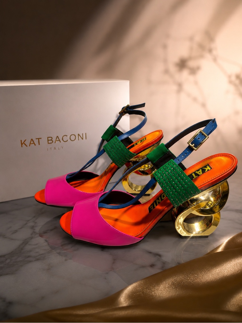 KAT McConie Women's Colorblock Open-Toe Slingback Heels in Pink & Orange New
